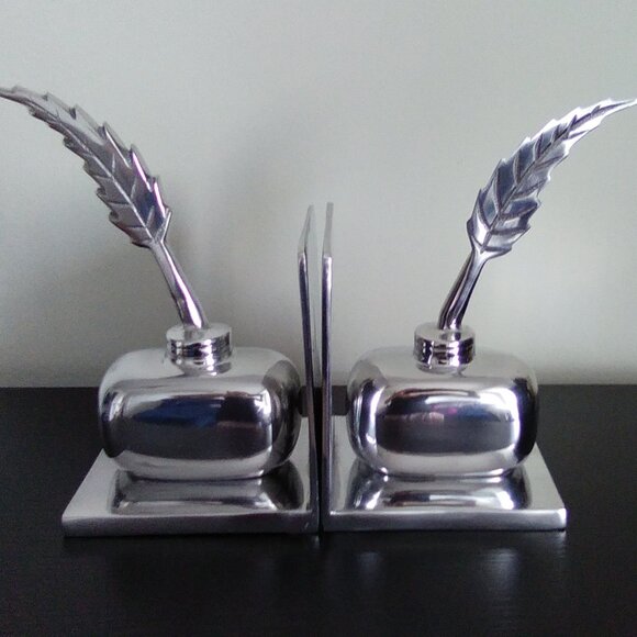 Pewter Feather Pen & Ink Bottle Bookends - Picture 1 of 9